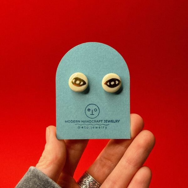 Серьги-гвоздики круглые "Глазик", с золотом, керамика, РБ