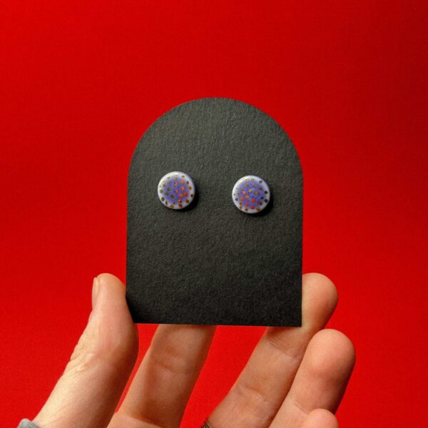 Серьги-гвоздики "Круглые", фиолетового цвета в золотую точку, фарфор, РБ