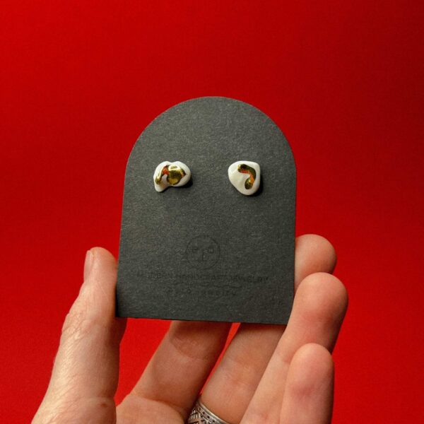 Серьги-гвоздики с золотом "Попкорн", фарфор, РБ