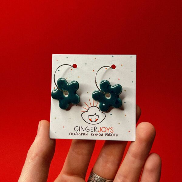 Серьги-кольца "Цветочек", темно-зееного цвета, РБ