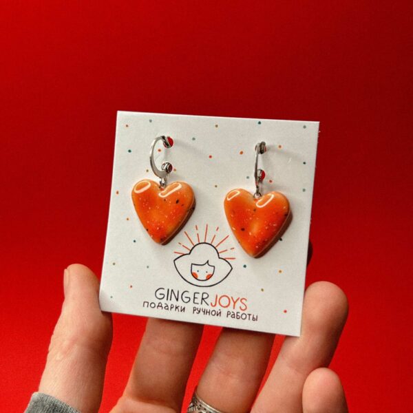 Керамические серьги "Большие сердца", оранжевого цвета в крапинку, РБ