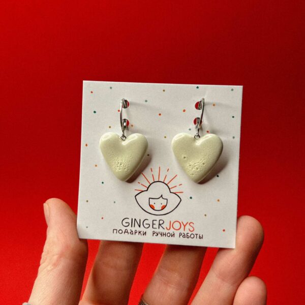 Керамические серьги "Большие сердца", молочного цвета, РБ
