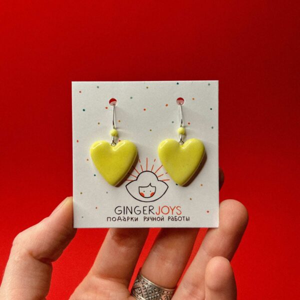 Керамические серьги "Большие сердца", желтого цвета, РБ