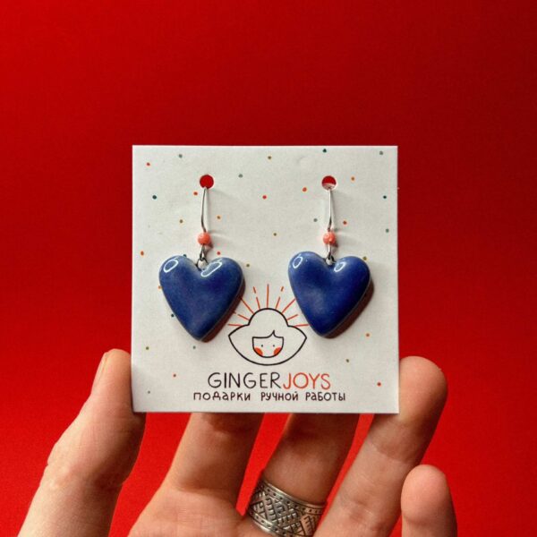 Керамические серьги "Большие сердца", синего цвета, РБ