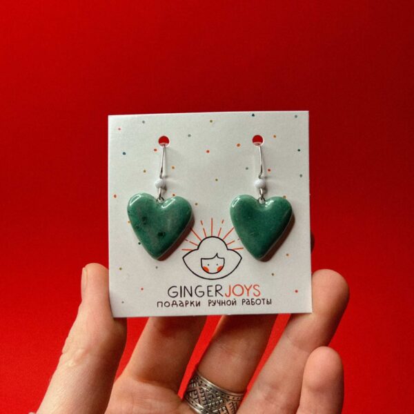 Керамические серьги "Большие сердца", зелено-голубого цвета, РБ