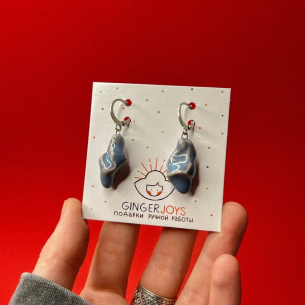Керамические серьги "Самородок", серо-голубого цвета, РБ