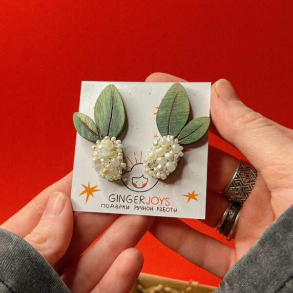 Деревянные серьги с вышивкой "Белая калина", РФ