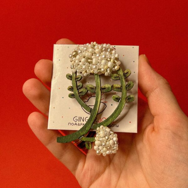 Брошь «Белая калина», дерево+ бисер, РБ