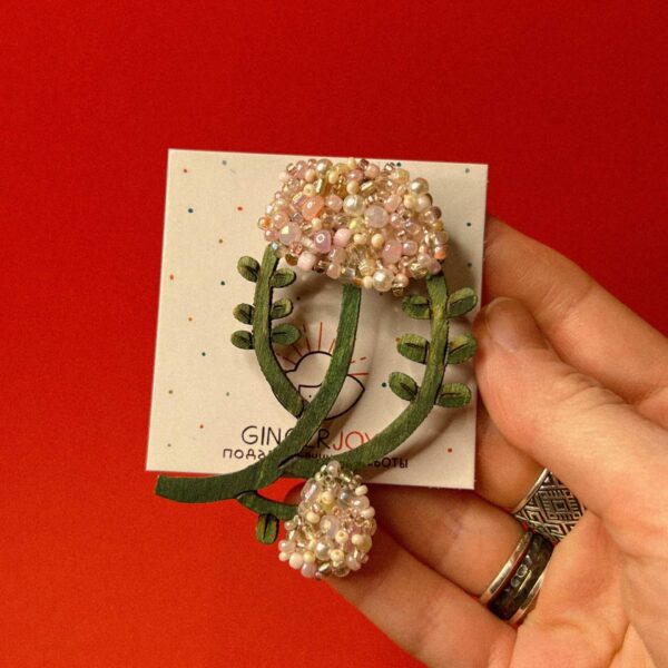 Брошь «Калина светло-розовая», дерево+ бисер, РБ