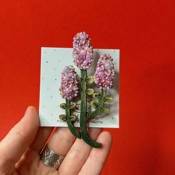 Брошь «Гортензия розового-сиреневого цвета», дерево+ бисер, РБ