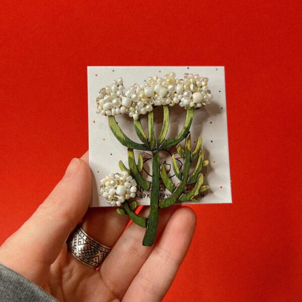 Брошь «Белый жасмин», дерево+ бисер, РБ