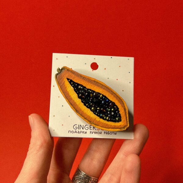 Брошь "Папайя сочная", дерево+ бисер, арт. 3, РФ