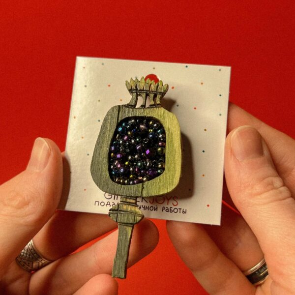 Брошь "Мак", дерево+ бисер, арт. 2, РБ