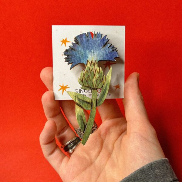 Деревянная брошь "Василек цветущий", РБ