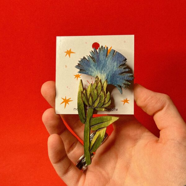 Деревянная брошь "Василек", бол., РБ