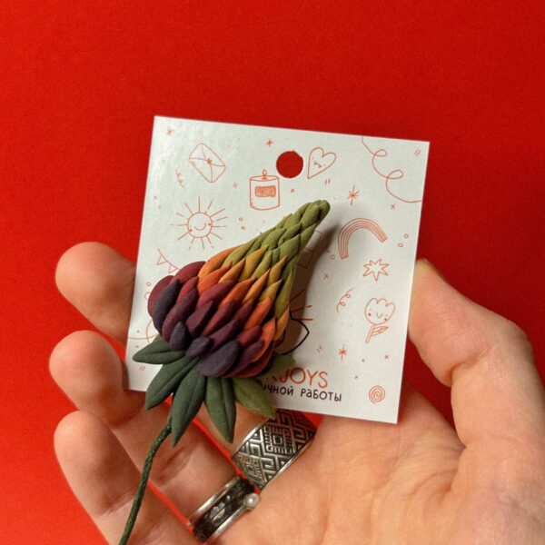 Брошь из самозастывающей глины "Люпин фиолетово-оранжевый", РБ