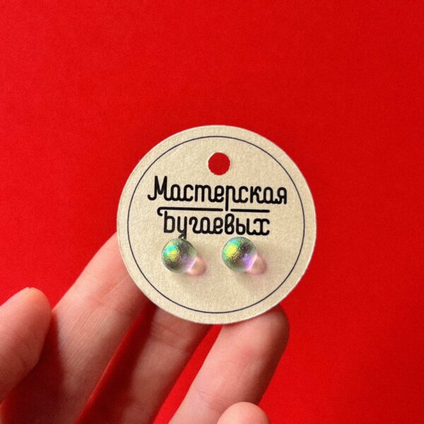 Серьги-гвоздики из дихроического стекла с сиянием жёлтого и зелёного цвета, № 90, РБ