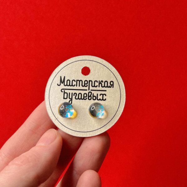 Серьги-гвоздики из дихроического стекла с сиянием голубого цвета, № 9, РБ