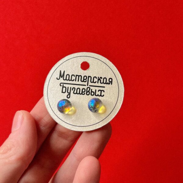 Матовые серьги-гвоздики из дихроического стекла с сиянием голубого цвета, № 6, РБ