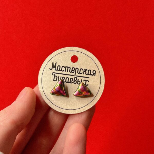 Серьги-гвоздики «Лед» из дихроического стекла с сиянием розового и жёлтого цвета, № 95, РБ