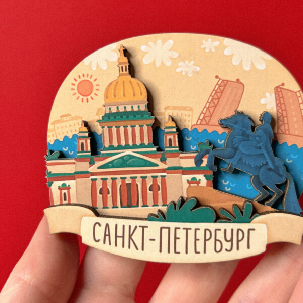 Сувенирный магнит 3Д "Исаакиевский, Медный всадник, мосты", дерево, РФ