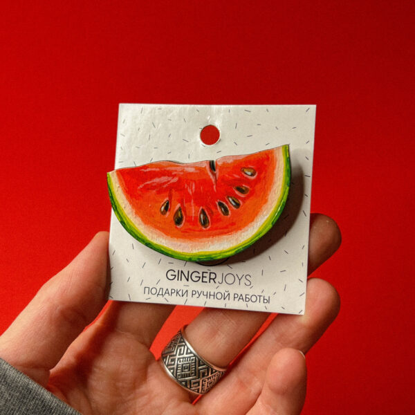 Брошь "Арбуз", дерево + ручная роспись, РФ