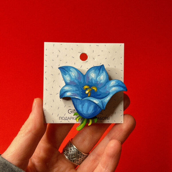 Брошь "Синий колокольчик", дерево + ручная роспись, РФ