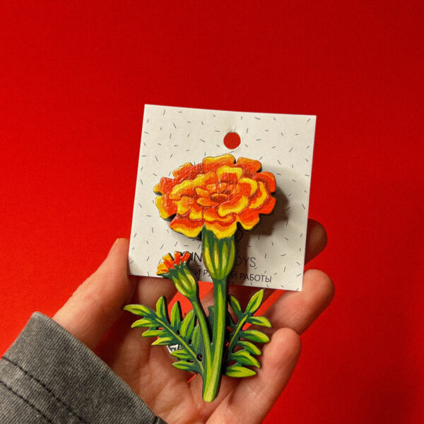 Брошь "Бархатцы", дерево + ручная роспись, РФ