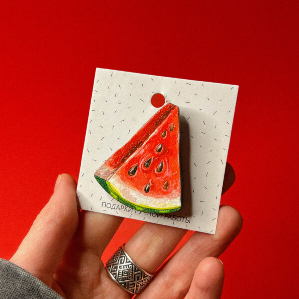 Брошь "Арбуз", дерево + ручная роспись, РФ