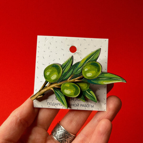 Брошь "Оливки", дерево + ручная роспись, РФ